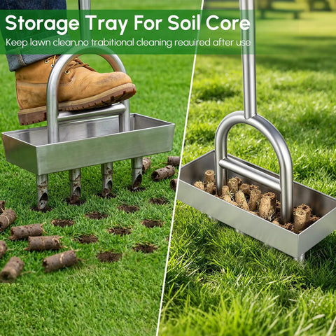 Manual Lawn Aerator With Four Stainless Steel Plug Tines Preassembled Core Aerator Tool With Soil Core Storage Tray For Compacted Turf And Yard Care Rust Proof SUS304 Construction in use on grass with cores collected.