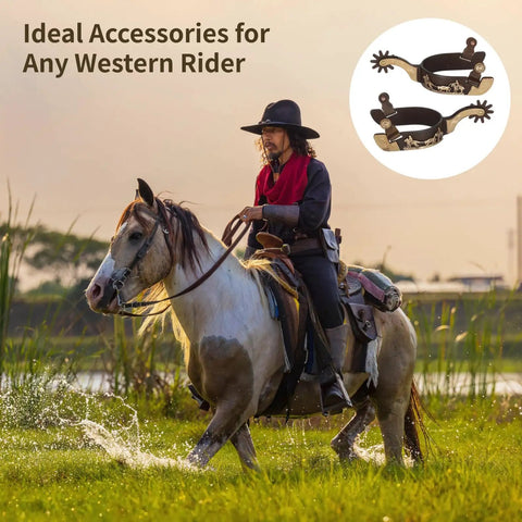 Cowboy riding a horse with Western Cowboy Boots Spurs With Rotatable Gear Antique Copper And Brass Finish Engraved Trims