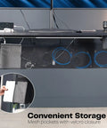 Mesh pockets of 60 Inch Clamp-On Privacy Desk Skirt With Cable Management Sleeve And Wire Hider Kit under desk in use, black.