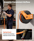 Man using Heavy Duty Retractable Air Hose Reel Winds Sixty Five Feet Of One Half Inch Rubber Tubing featuring auto rewind.