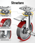 Heavy Duty Five Inch Industrial Grade Caster Wheels With Total Locking Brakes Smooth Rolling Set Of Four showing detailed structure components.