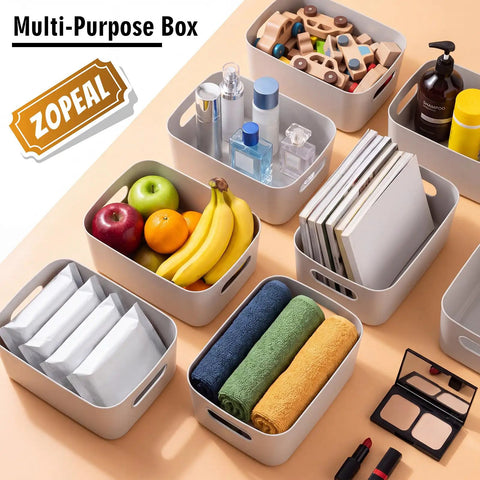 Ten Pack Gray White Plastic Storage Bins With Reinforced Handles For Home Organization And Closet Pantry Use Stackable Small Containers filled with fruits, towels, and toiletries.