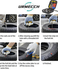 Step-by-step tire repair process using a tire repair kit with tools and materials, illustrated in six images.