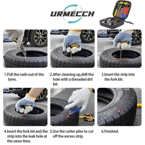 Step-by-step tire repair process using a tire repair kit with tools and materials, illustrated in six images.