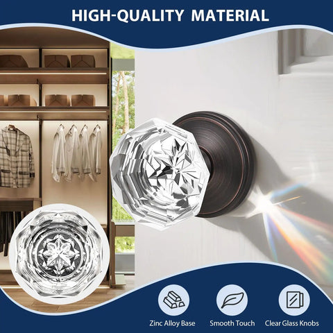 Oil rubbed bronze finish 5 pack glass door knobs for hallway and closet; dope crystal round diamond shape, non-locking passage use.