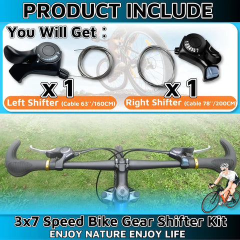 Premium 3x7 Thumb Shifter Set With TX-30 Levers For 7 Speed Bicycles, showing left and right shifters and gear cables