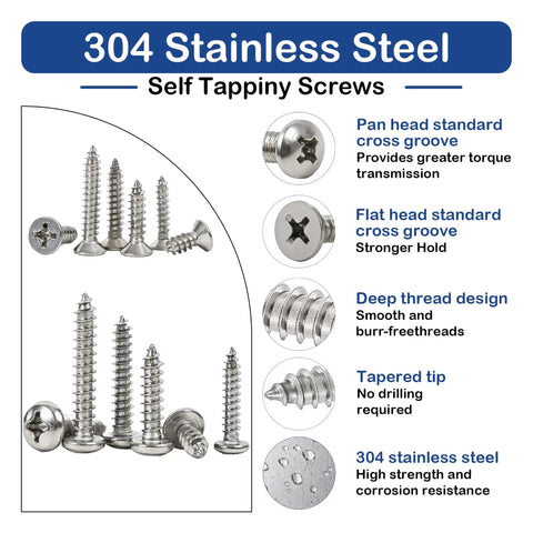 600-Piece Stainless Steel Wood Screws Set With 18 Sizes From 4 To 12, 3/8 Inch To 1-1/2 Inch, Phillips Pan And Flat Heads, Self-Tapping Coarse Threads, assorted 304 stainless steel wood screws