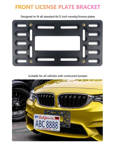 Front License Plate Holder Bracket Black Universal ABS Mounting Kit Frame With Copper-Threaded Inserts for bumper