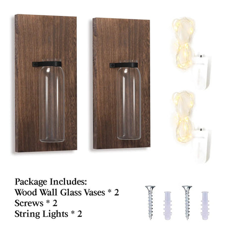 Game Changer Rustic Two Pack Wood Glass Wall Sconces Paired With Warm Twinkle Lights Smooth Farmhouse Indoor Planters For Living Room Walls Hanging Vase To Show Off Herbs And Trailing Greens, wood sconces with glass vases and lights.