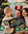 Child holding Large 27 Inch Farm Truck Toy Set With Two Tractors And A 3 In 1 Inertia Powered Transport Vehicle With Lights And Realistic Sounds, with family at Christmas.
