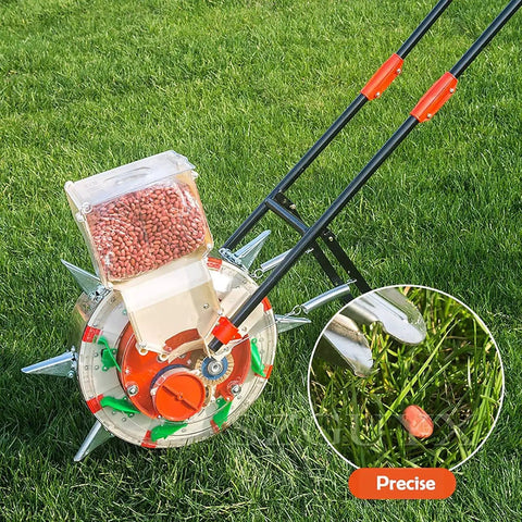 Hand Push Roller Seeder Spreader for Lawn and Garden with 14 Hole Row Seed Planter and Dual Seed and Fertilizer Buckets