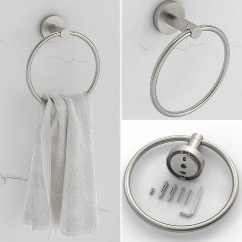 Six Piece No Fuss Bathroom Hardware Set With 16 Inch Towel Bar, Toilet Paper Holder, Towel Ring, Robe Hooks And Adhesive Hooks detail
