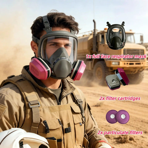 Man wearing All Day Comfort Full Face Respirator Mask With Reusable Dual Filter System For Heavy Dust, Gas, And Vapor Protection