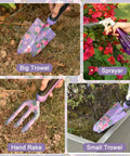 Purple 10 Piece Heavy Duty Garden Tool Set With Tote Bag, All In One Gardening Kit For Women, includes trowel and sprayer.