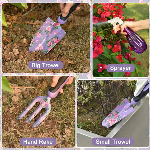 Purple 10 Piece Heavy Duty Garden Tool Set With Tote Bag, All In One Gardening Kit For Women, includes trowel and sprayer.