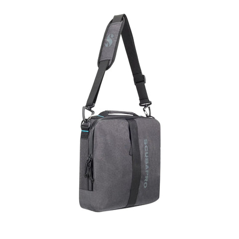 Durable Scuba Gear Bag With Adjustable Shoulder Strap And Top Handle For Travel And Dive Days Premium Recycled Gray Fabric With Blue Accents Rainproof
