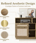 Natural oak wood textures and brass handle details of 70 Inch L Shaped Electric Standing Desk With Heavy Duty Steel Frame.