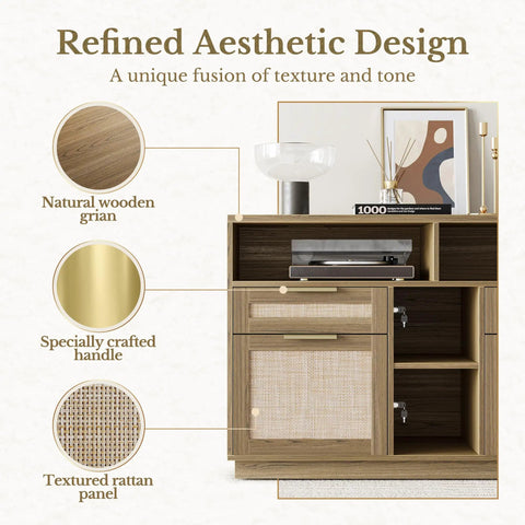 Natural oak wood textures and brass handle details of 70 Inch L Shaped Electric Standing Desk With Heavy Duty Steel Frame.