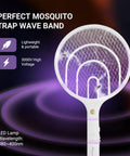 White Electric Fly Zapper Racket Two Pack 3000V Rechargeable Bug Killer with LED lamp, handheld and stand design.