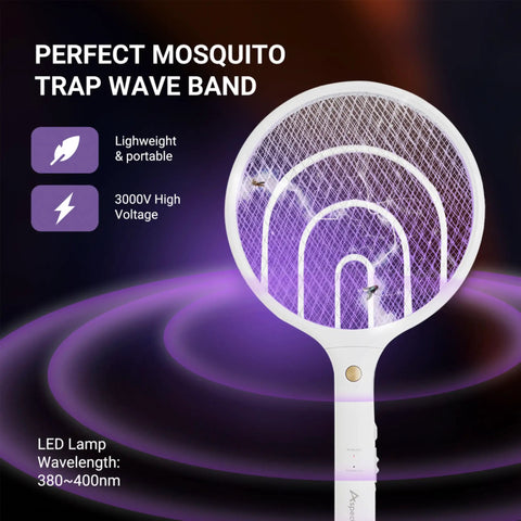 White Electric Fly Zapper Racket Two Pack 3000V Rechargeable Bug Killer with LED lamp, handheld and stand design.