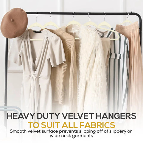 50 Pack Ultra Slim Velvet Closet Hangers Top Shelf Non Slip Felt Coat Jacket Dress Organizers Space Saving Closet Game Heavy Duty Swivel Hook Smooth Glide Ivory with various garments hanging.