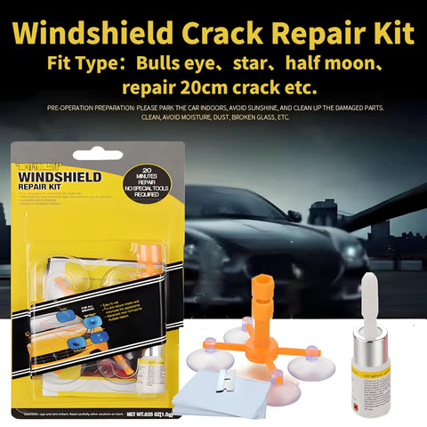 Pro Grade Windshield Crack Repair Kit Four Pack With Enhanced Injection Head And Suction Cup, packaging and components shown.