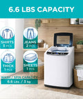 Compact Portable Washer That Hits Different With 0.9 Cubic Feet Capacity And Five Quick Wash Cycles For Absolutely No Sweat Apartment Laundry Cleanup In Bright White Finish. Display showing capacity for shirts, jeans, thick clothes, and sheets.