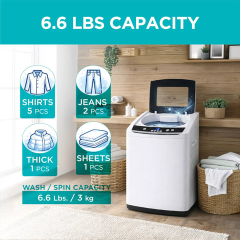 Compact Portable Washer That Hits Different With 0.9 Cubic Feet Capacity And Five Quick Wash Cycles For Absolutely No Sweat Apartment Laundry Cleanup In Bright White Finish. Display showing capacity for shirts, jeans, thick clothes, and sheets.