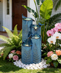 Totally Dope 32 Inch Tall Ceramic Outdoor Water Fountain With Led 4 Tier Tropical Cascading Waterfall Turquoise Glaze Embossed Fern Pattern