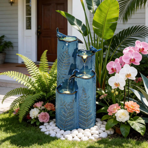 Totally Dope 32 Inch Tall Ceramic Outdoor Water Fountain With Led 4 Tier Tropical Cascading Waterfall Turquoise Glaze Embossed Fern Pattern