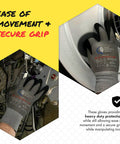 Light Cut Resistant Work Gloves With Graphene Fiber Construction For Everyday Tasks And Diy Heavy Duty Puncture And Abrasion Protection ANSI A1 Rated Large Size Ideal For Gardening Mechanical Work And General Hand Protection with ease of movement and secure grip shown in machinery and laundry settings.