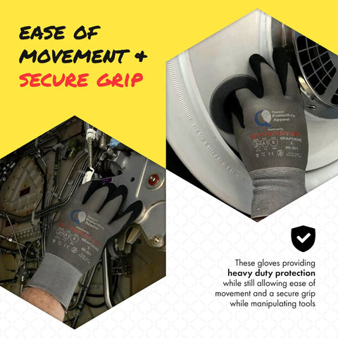Light Cut Resistant Work Gloves With Graphene Fiber Construction For Everyday Tasks And Diy Heavy Duty Puncture And Abrasion Protection ANSI A1 Rated Large Size Ideal For Gardening Mechanical Work And General Hand Protection with ease of movement and secure grip shown in machinery and laundry settings.