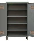Heavy Duty 12 Gauge Welded Steel Outdoor Cabinet With Four Beefy Shelves And Rock Solid 1900 Pound Capacity, interior view with open doors.