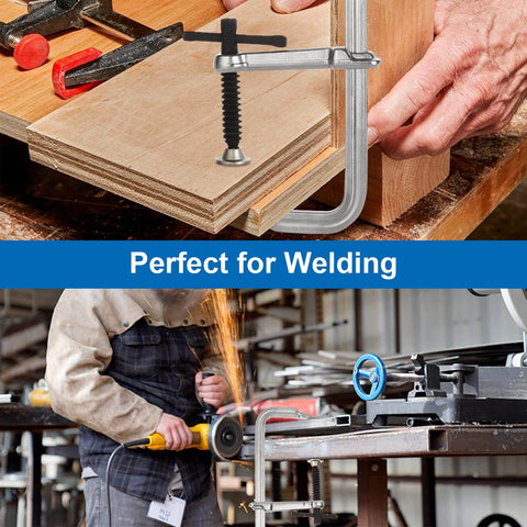Two Pack 12 Inch F Clamps For Welding Heavy Duty Steel Clamps Set With 3 Inch Throat Depth And 1320 Lb Clamping Force Durable Bar Clamps in use securing wood and metal for welding and metalworking projects.