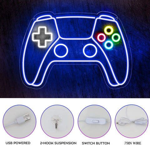 Gamepad Shaped LED Neon Sign for Gaming Room Decor, USB Powered Neon Light with hooks, switch, and 79in wire