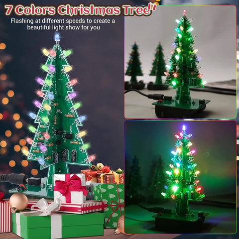 3D Christmas Tree Soldering Kit with LED Flashing Lights in 7 Colors Dope DIY Electronics Project for Learning STEM display