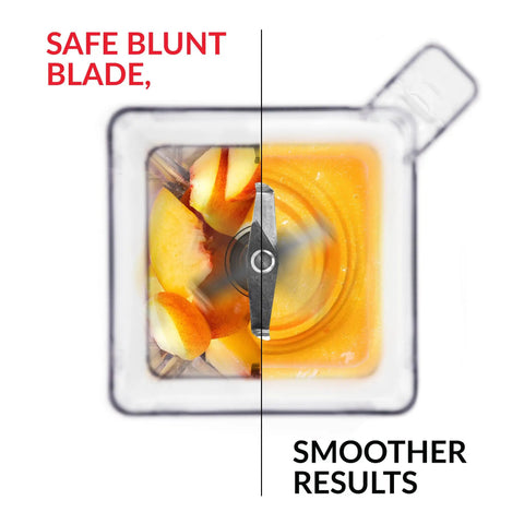 Top view of 90 Oz WildSide Replacement Blender Jar For Commercial Use, showing blending efficiency with peaches, clear container