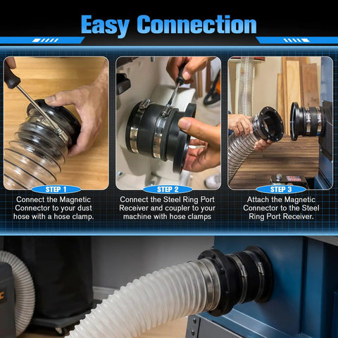 4 Inch Magnetic Dust Collection Fittings For Woodworking Tools Includes One Connector Two Receivers And Two Couplers for easy connection steps.