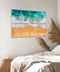 Ocean Wave Acoustic Wall Panels To Soak Up Room Echo Self Adhesive Coastal Design Tiles mounted in a serene bedroom setting.