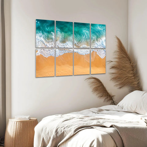 Ocean Wave Acoustic Wall Panels To Soak Up Room Echo Self Adhesive Coastal Design Tiles mounted in a serene bedroom setting.