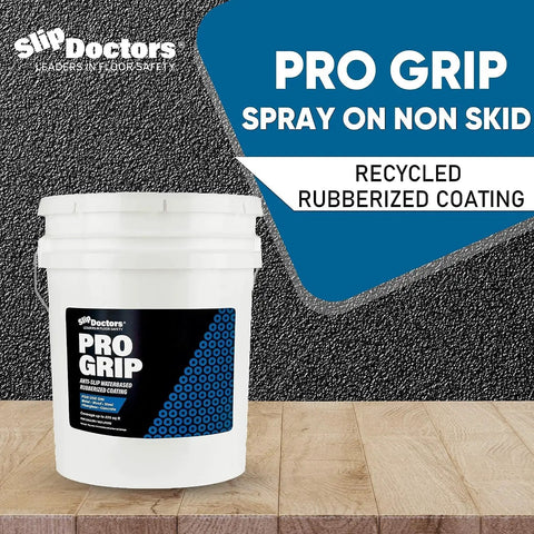 Heavy Duty Rubberized Non Slip Spray Coating Delivers Rock Solid Grip For Wet Patios Decks And Pool Areas Providing Durable Anti Skid Layer For Concrete Wood And Fiberglass Surfaces Game Ready in a white bucket on wood surface.
