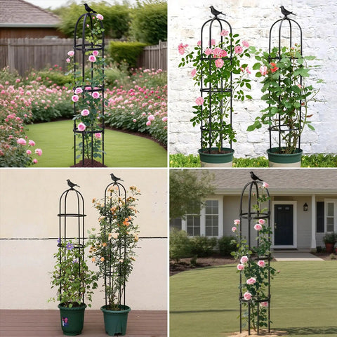 6.7Ft Rustproof Garden Obelisk Trellis for climbing plants with flowers in various garden settings