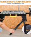 Universal Miter Saw Stand With Grid Tabletop For Accurate Cuts 300 Pound Load Capacity showing folding legs with lock pins