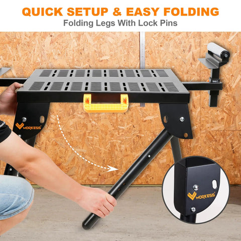 Universal Miter Saw Stand With Grid Tabletop For Accurate Cuts 300 Pound Load Capacity showing folding legs with lock pins
