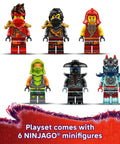 Six NINJAGO minifigures from the NINJAGO Ninja Combat Vehicle 3 In 1 Building Toy Set For Kids Ages 8 And Up Dragon Rising Build Kit