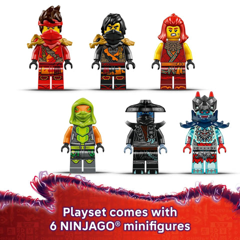 Six NINJAGO minifigures from the NINJAGO Ninja Combat Vehicle 3 In 1 Building Toy Set For Kids Ages 8 And Up Dragon Rising Build Kit