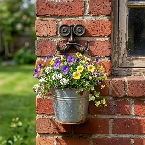 Heavy Duty Kickass Cast Iron Mustache Wall Hooks holding a flower pot on a brick wall, ideal for outdoor decor.