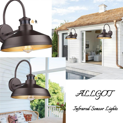 Infrared Motion Sensor Barn Lights Outdoor Wall Sconce Set For Farmhouse Exterior, oil rubbed bronze, installed outside home