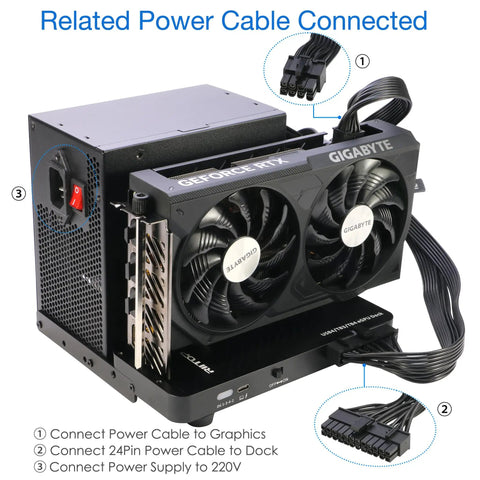 External eGPU dock with connected power cables, featuring Gigabyte RTX graphics card and PCIe x16 compatibility, Level Up Your Setup With This Sick External Egpu Dock Running On Usb4.0 And Tb4.0 Tech Engineered Smooth As Butter For Pcie 4.0 X16 Cards To Turn Any Laptop Into A Total Monster Rig For Gaming Or Pro Editing.