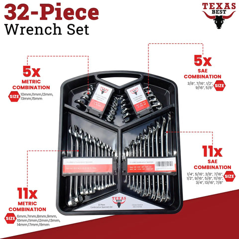 32 Piece Chrome Vanadium Wrench Set With SAE And Metric Sizes, Quick Access Hanging Tray with organized wrenches